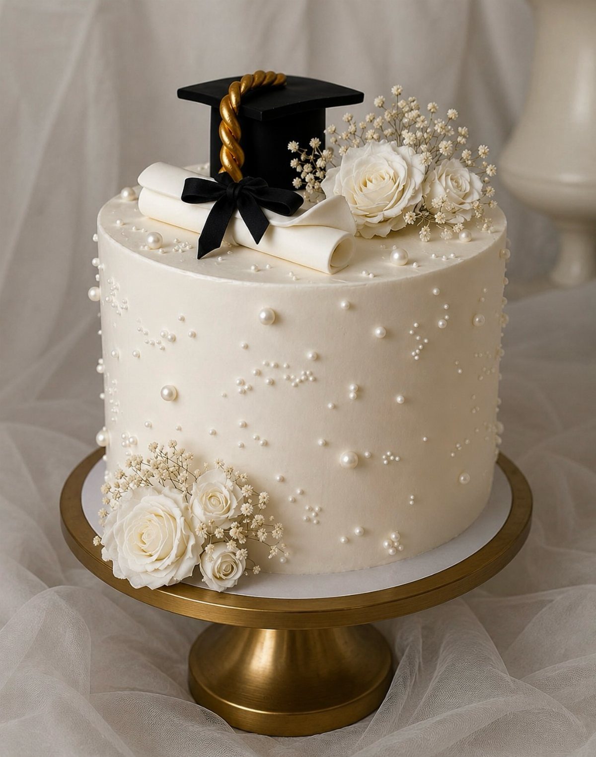 White graduation cake with a fondant diploma, black cap, and white roses.