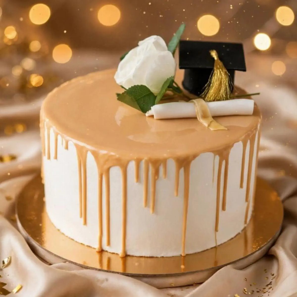 White cake with caramel drip icing topped with a graduation cap and rose