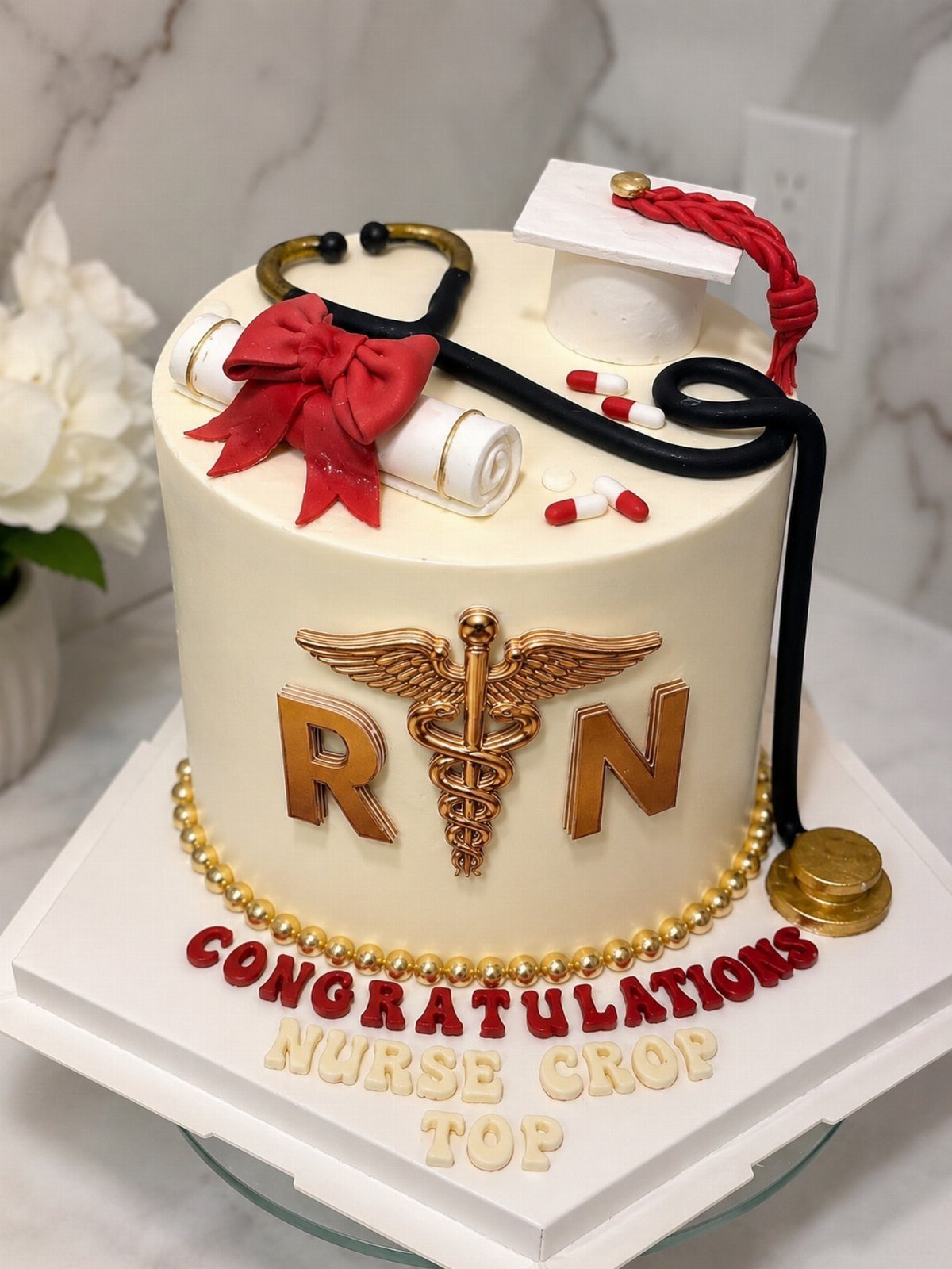 Nursing graduation cake with gold RN symbol, stethoscope, diploma, and graduation cap.