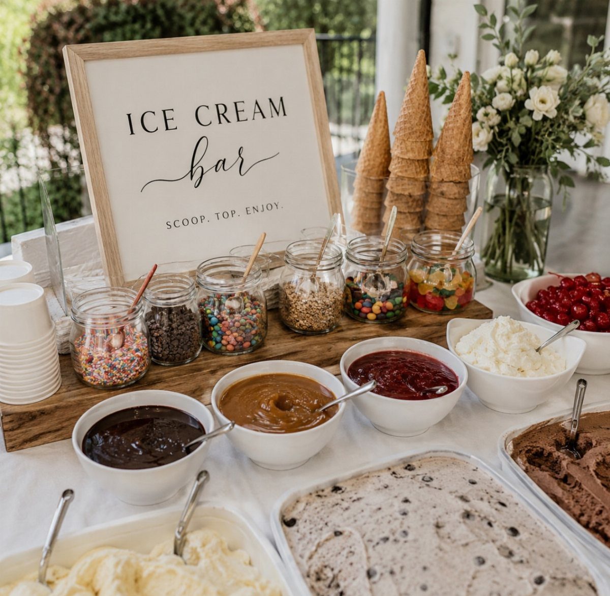 Ice cream sundae bar with various toppings, cones, and a framed sign.