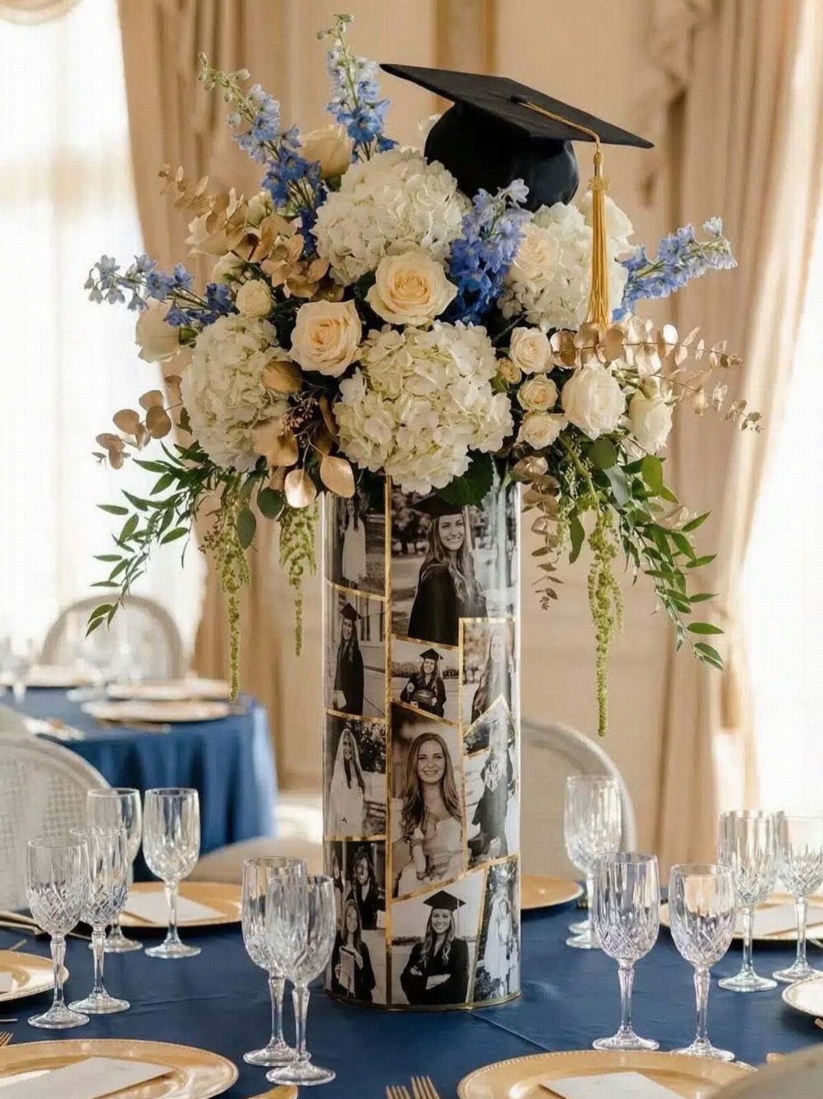 Floral centerpiece in a photo-wrapped vase topped with a black graduation cap.