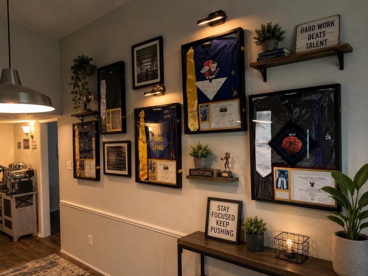 Graduation memorabilia displayed in black shadow boxes and on shelves on a wall.