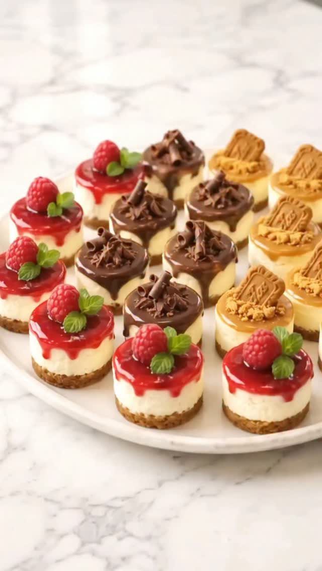 Mini cheesecakes topped with raspberries, chocolate, and caramel on a white platter.