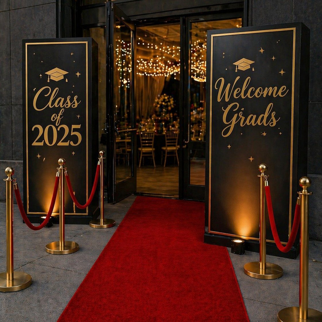 Red carpet entrance with gold stanchions and black welcome signs for graduation 2025.