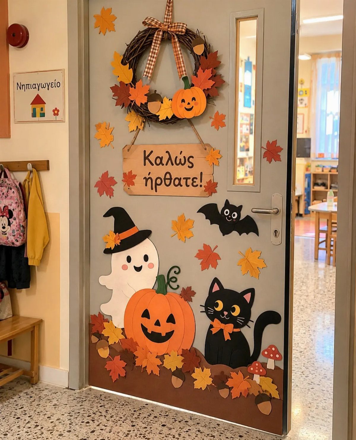 Classroom door decorated with a ghost, pumpkin, black cat, and autumn leaves.
