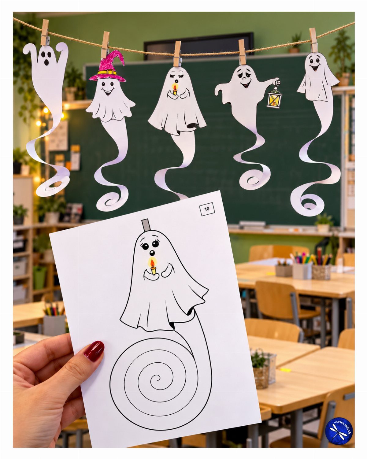 Paper ghost garlands hanging in a classroom with a drawing in foreground