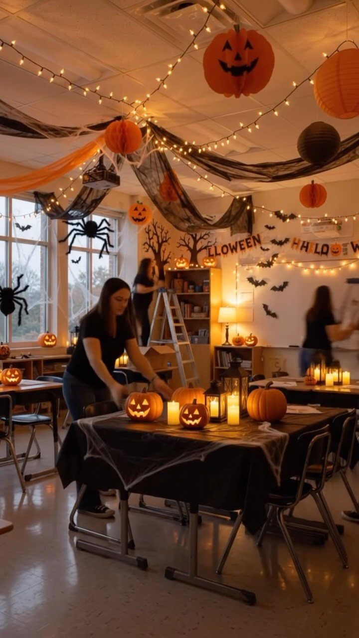 Halloween decorated classroom with spider webs, pumpkins, and string lights on a table.