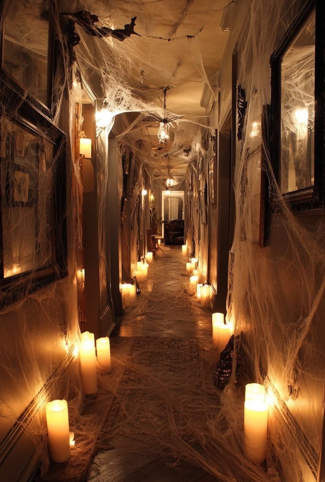 Spooky hallway decorated with thick white spiderwebs and glowing white pillar candles.