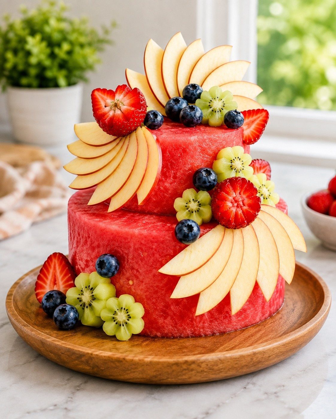 Watermelon cake decorated with sliced apples, strawberries, blueberries, and kiwi on wooden platter