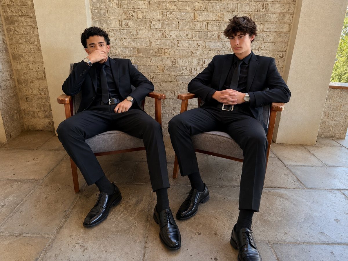 Two young men in all-black formal suits sitting in wooden armchairs outdoors.