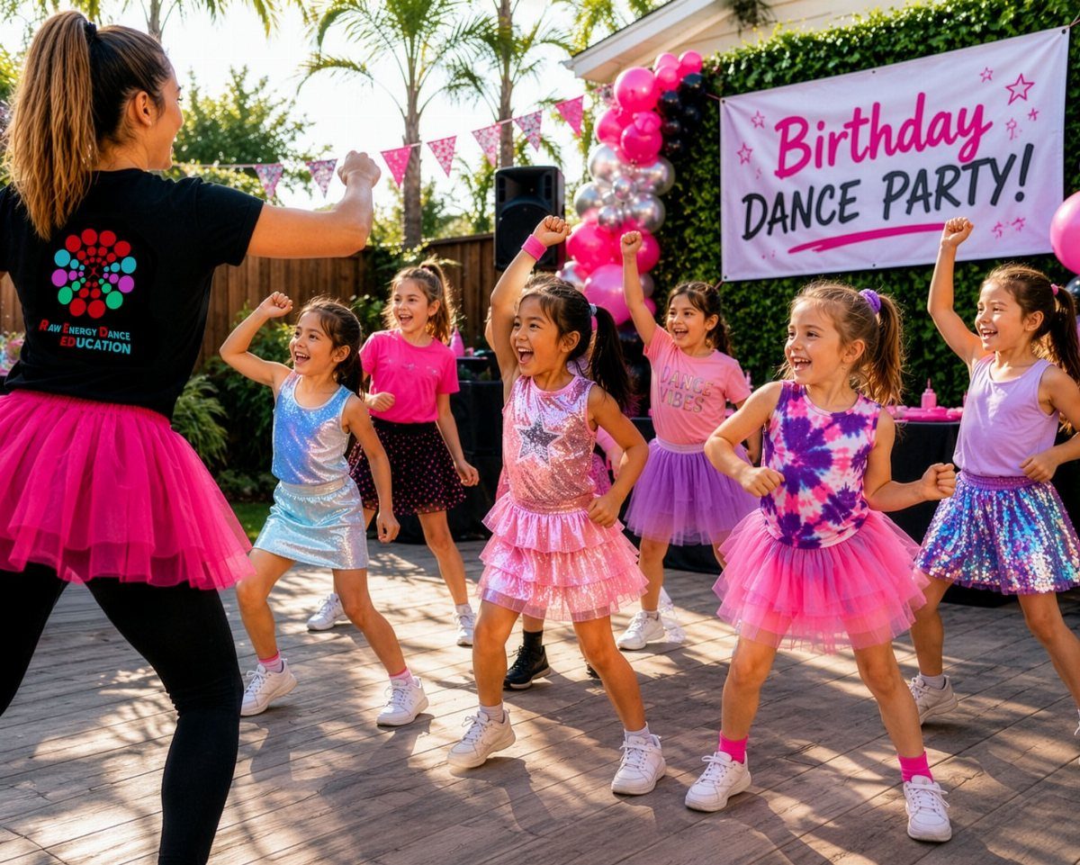 Young girls in colorful tutus dancing outdoors with an instructor at a birthday party