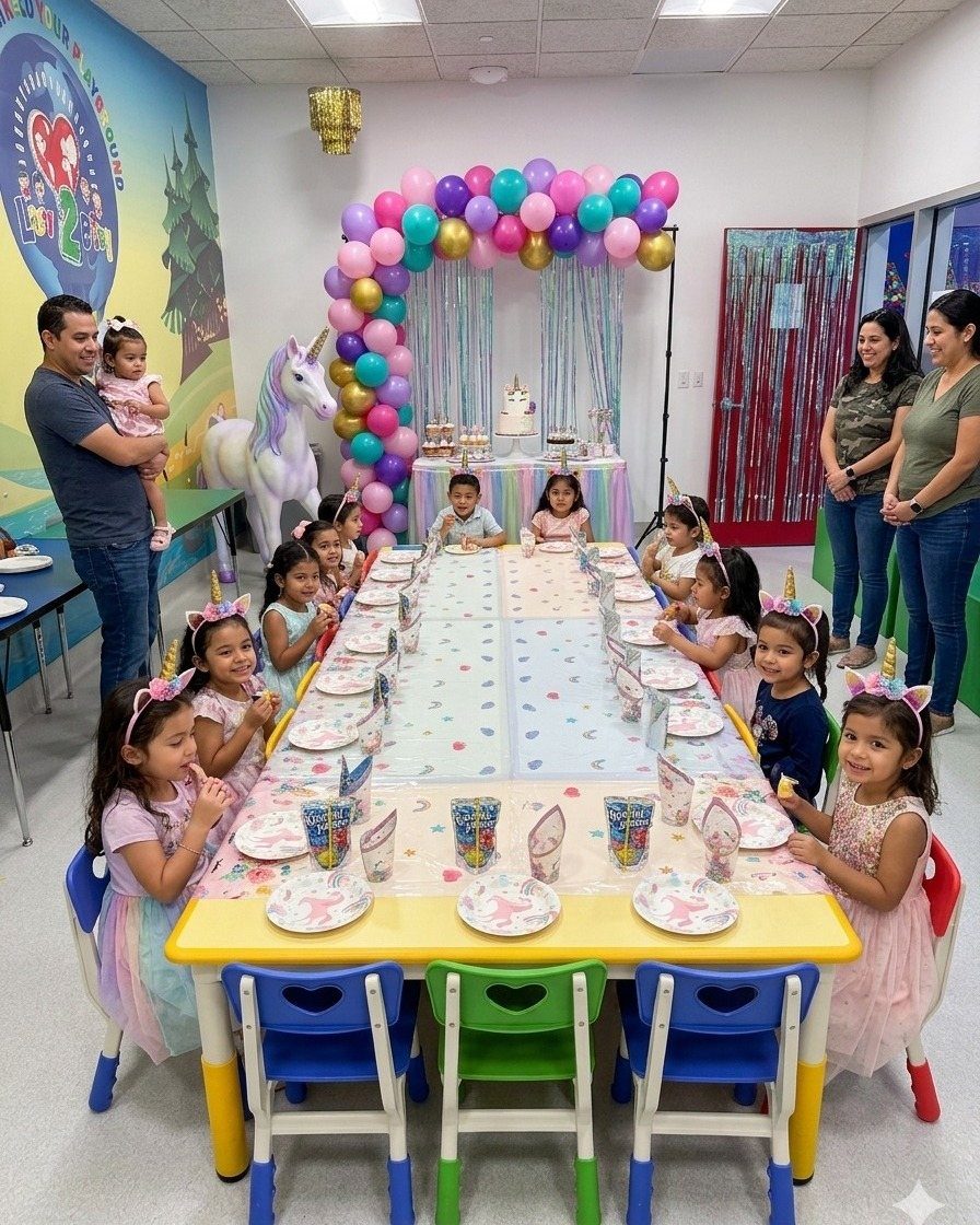 Children sitting at a decorated party table in a colorful indoor playground venue.
