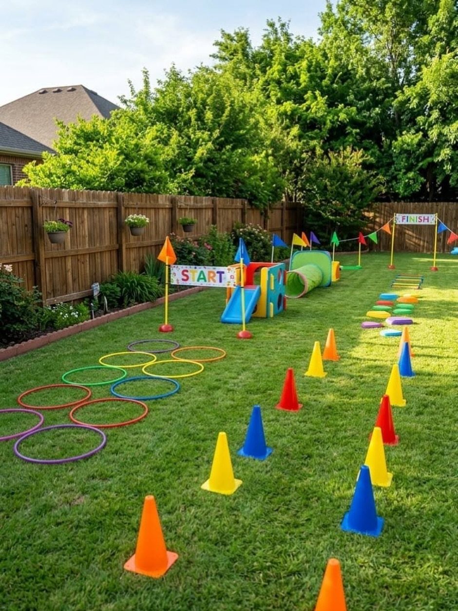 Children's obstacle course with colorful cones, hoops, and a slide on a green lawn.