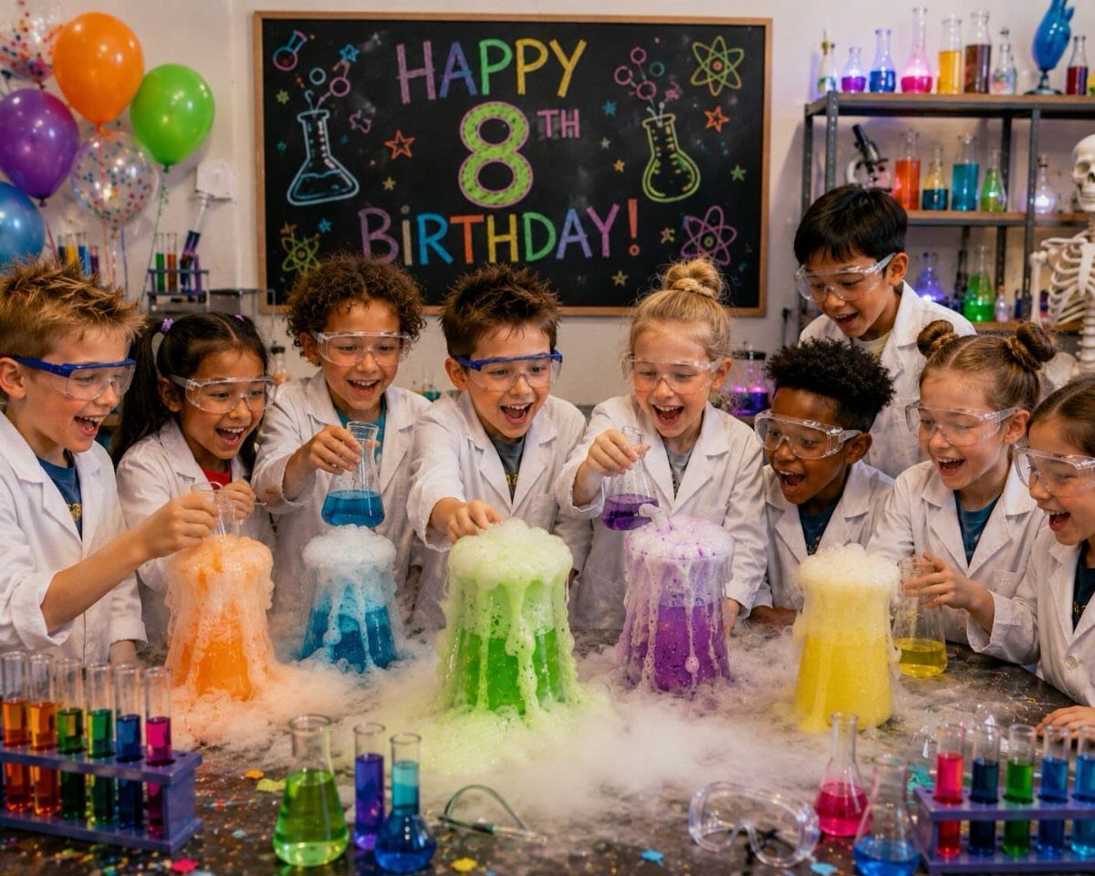 Children in lab coats performing colorful science experiments at an 8th birthday party.