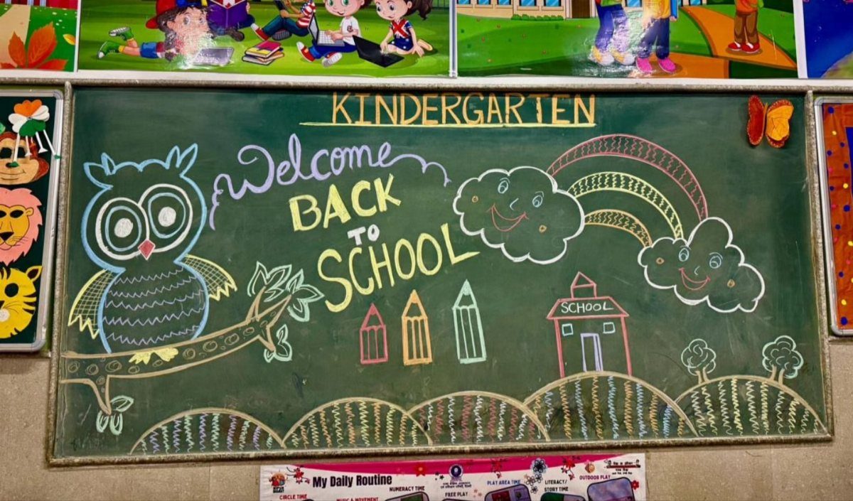 Green chalkboard with colorful chalk drawings and Welcome Back to School text for kindergarten.