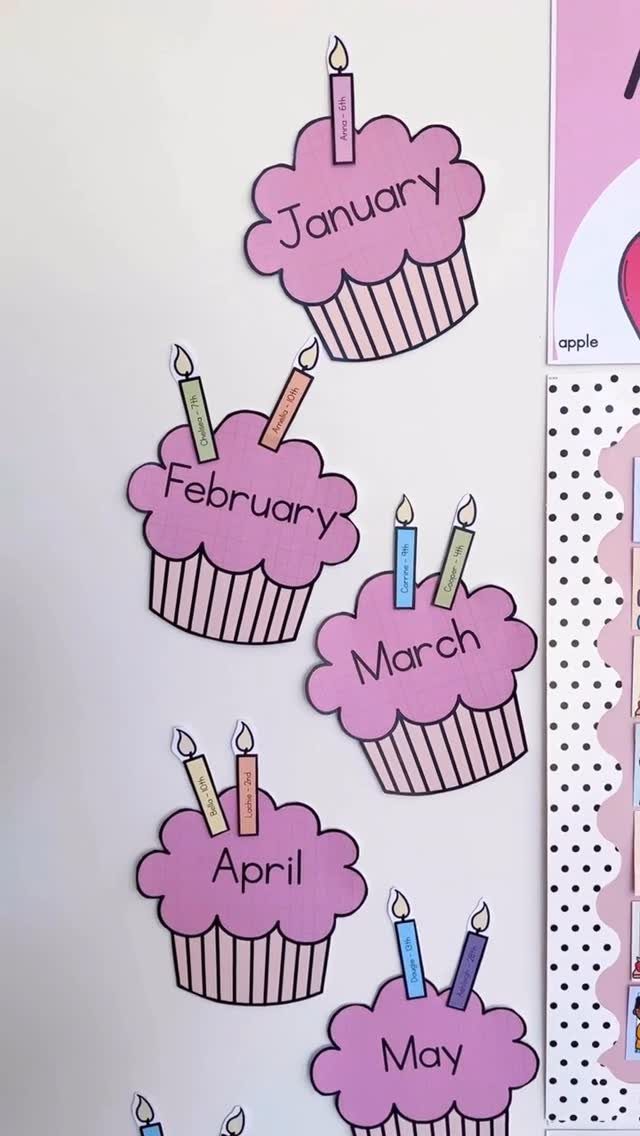 Pink cupcake cutouts with month names displayed on a white classroom wall.