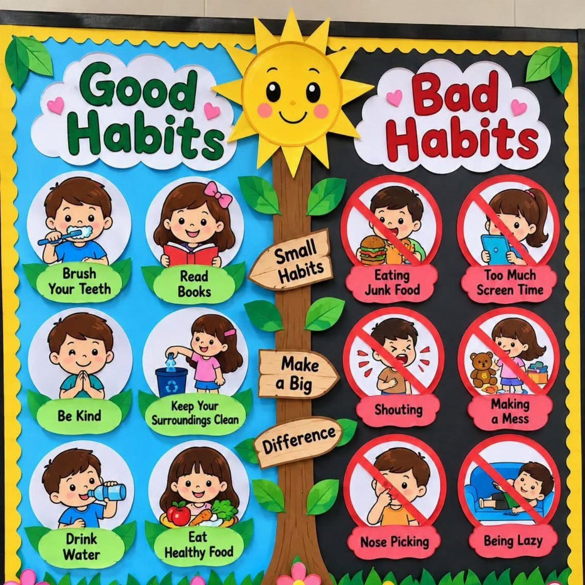 Classroom bulletin board displaying good and bad habits with cartoon children and a sun.