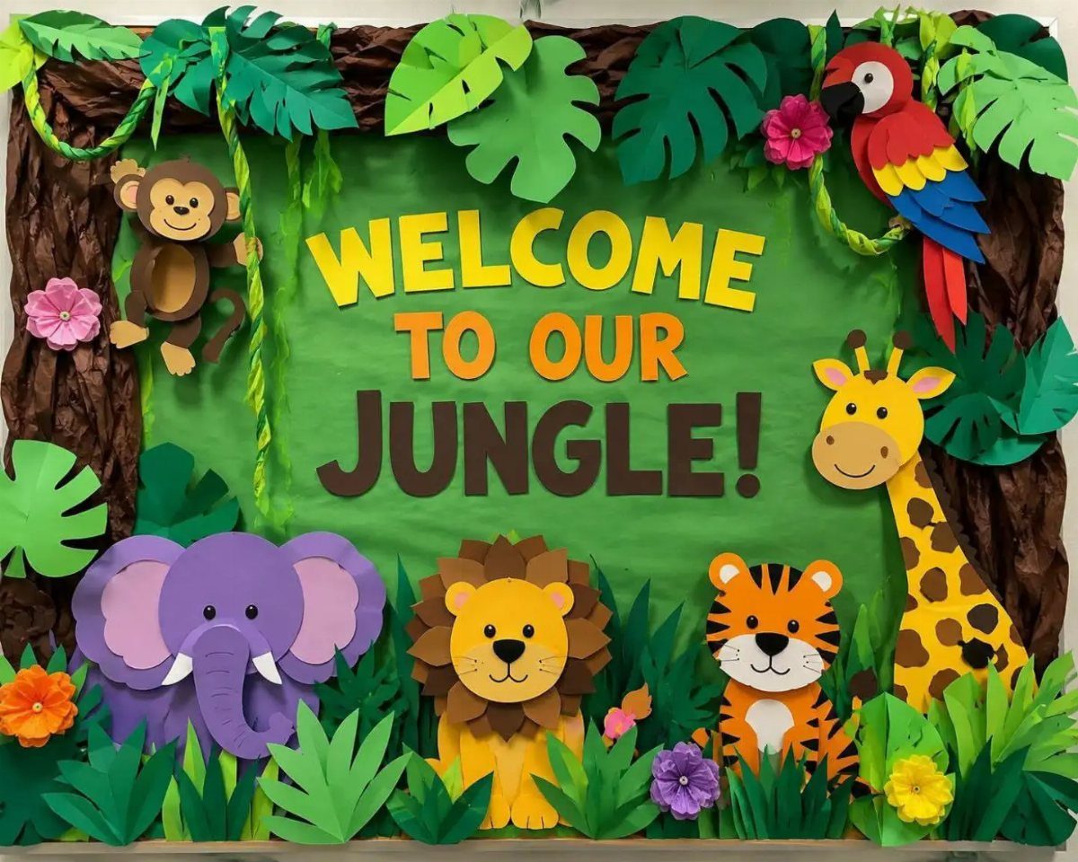 Jungle themed bulletin board with colorful paper animals and Welcome to Our Jungle text