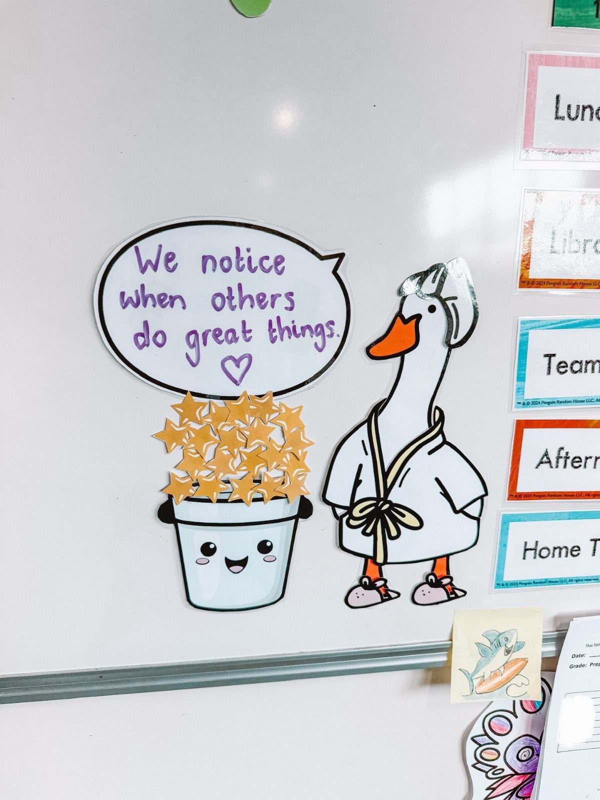 Cartoon goose in a robe and a bucket of stars on a whiteboard.