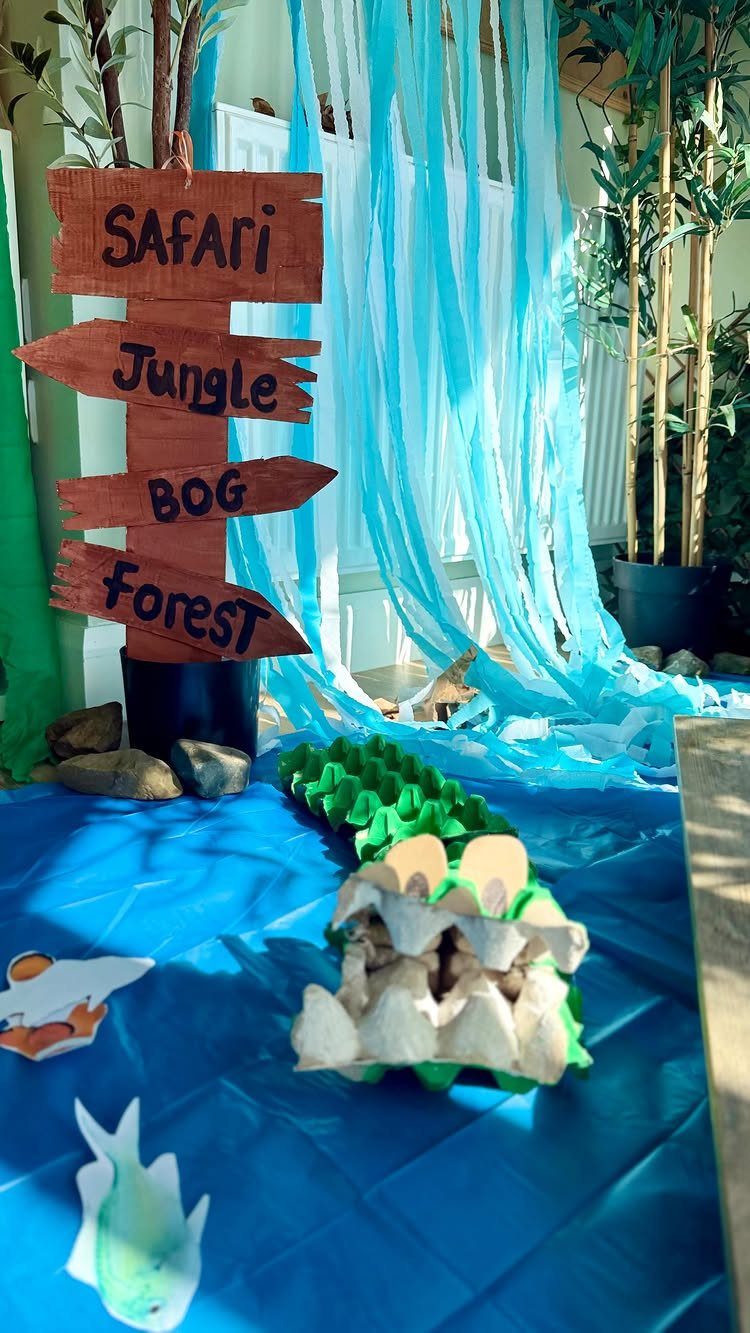 Safari signpost and egg carton crocodile in a blue themed classroom setup