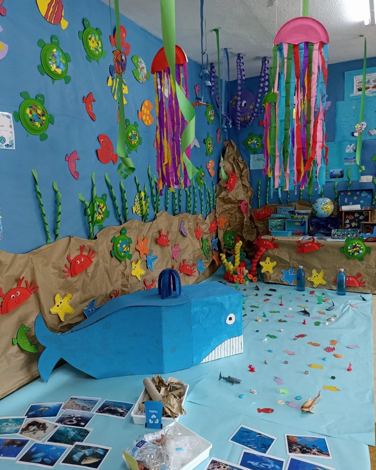 Underwater themed classroom with blue walls, hanging jellyfish, and a large blue whale.