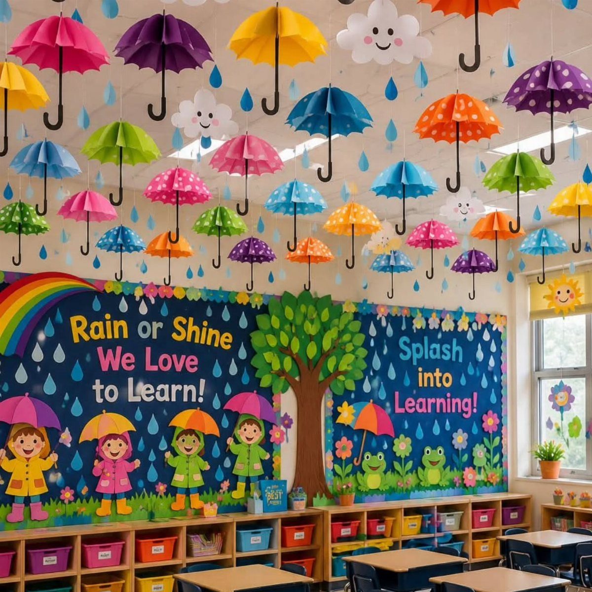 Classroom ceiling with hanging colorful umbrellas and a weather-themed wall mural.