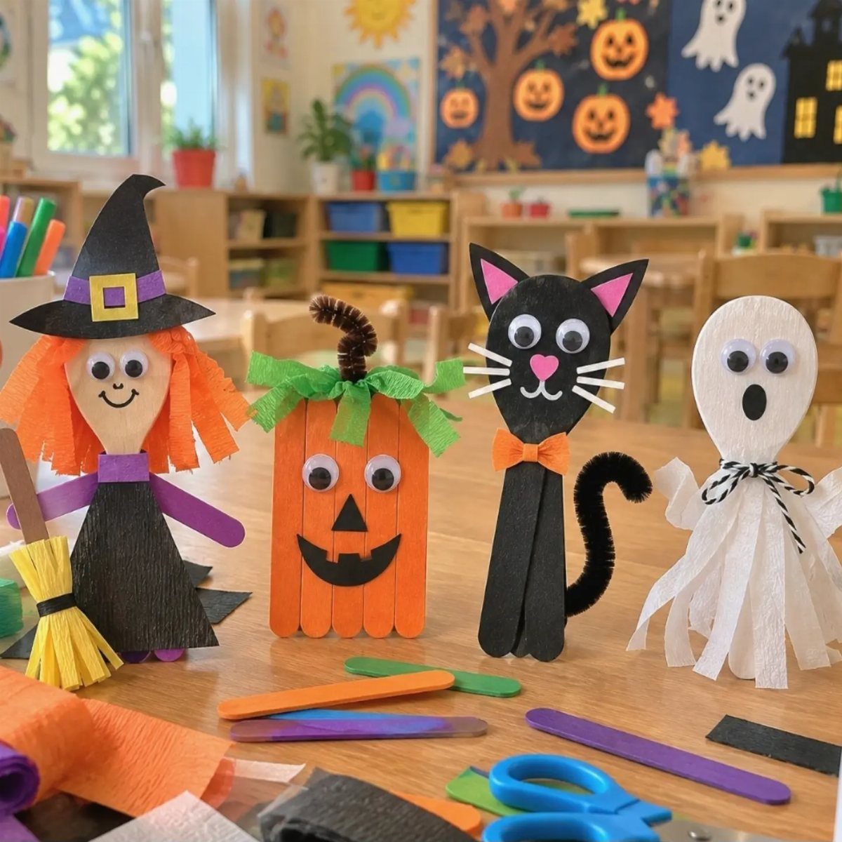 Halloween figures made from craft sticks including a witch, pumpkin, cat, and ghost.
