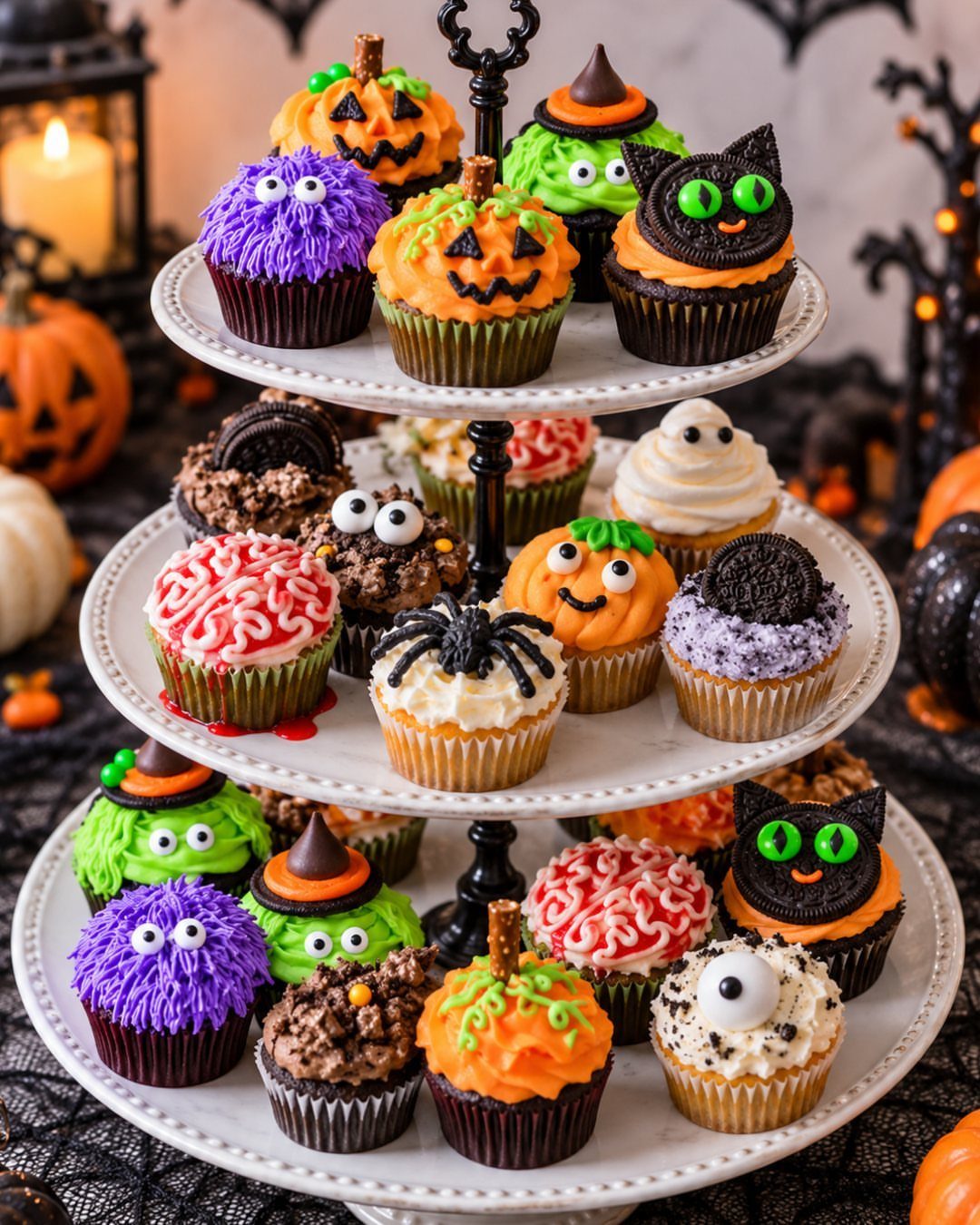 Halloween cupcakes on a three-tiered stand featuring pumpkins, monsters, and black cats.