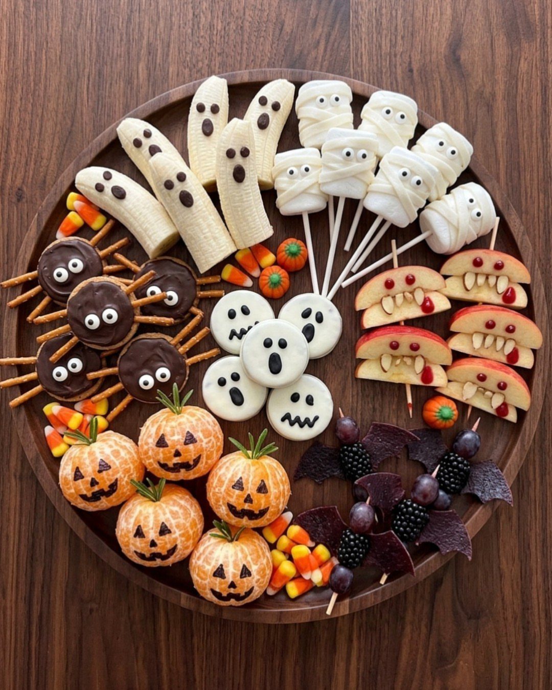 Halloween snack platter with banana ghosts, marshmallow mummies, and pumpkin-shaped rolls.