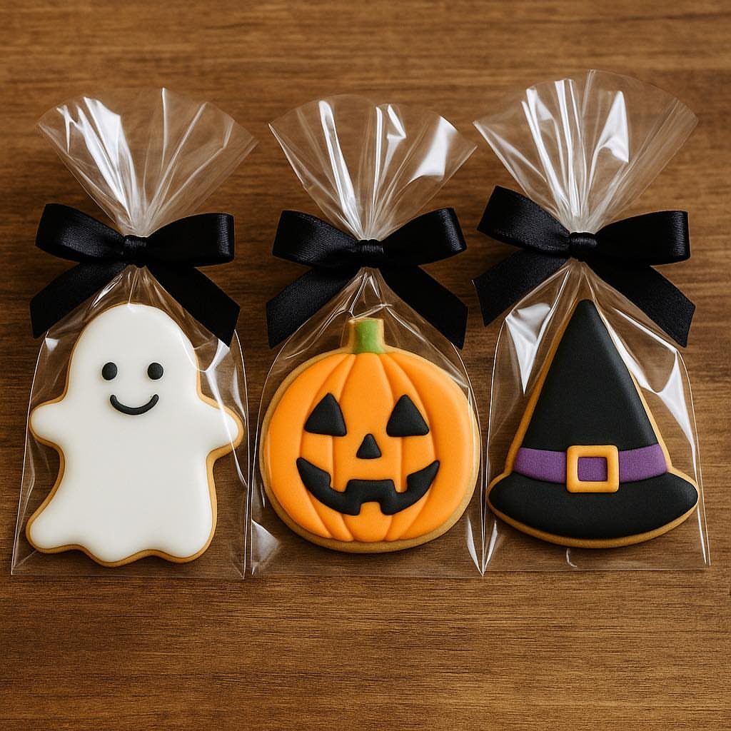 Halloween cookies shaped like a ghost, pumpkin, and witch hat in clear bags.
