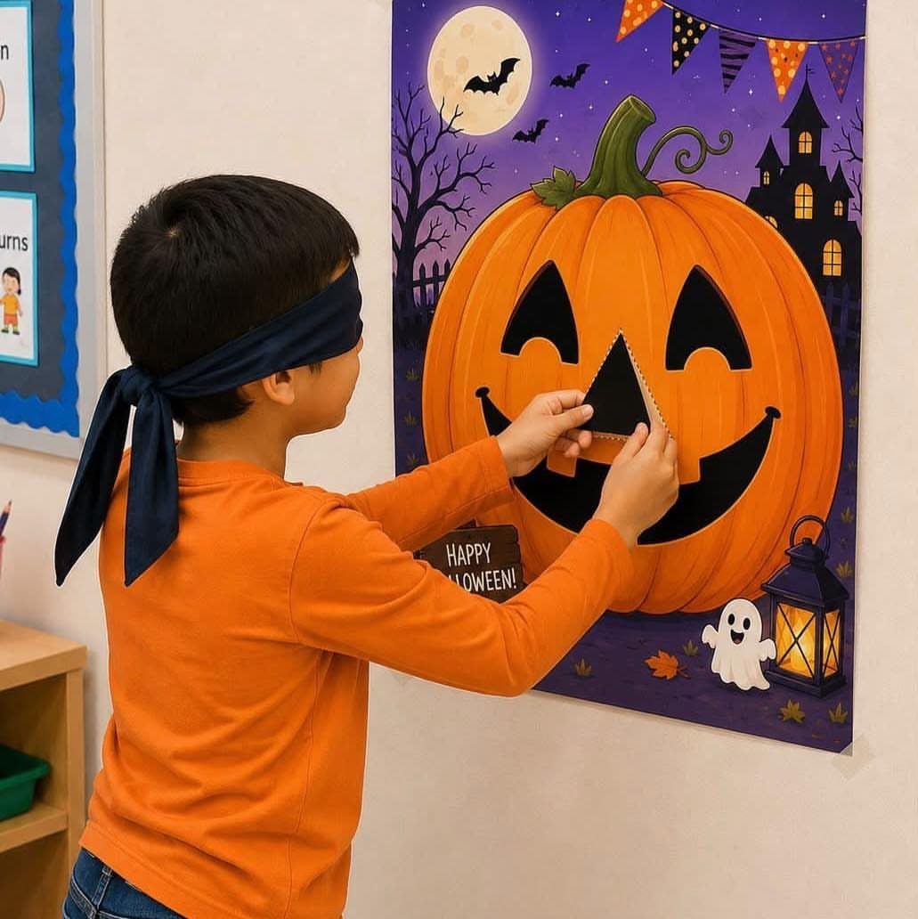 Boy wearing a blindfold placing a nose on a pumpkin party game poster.