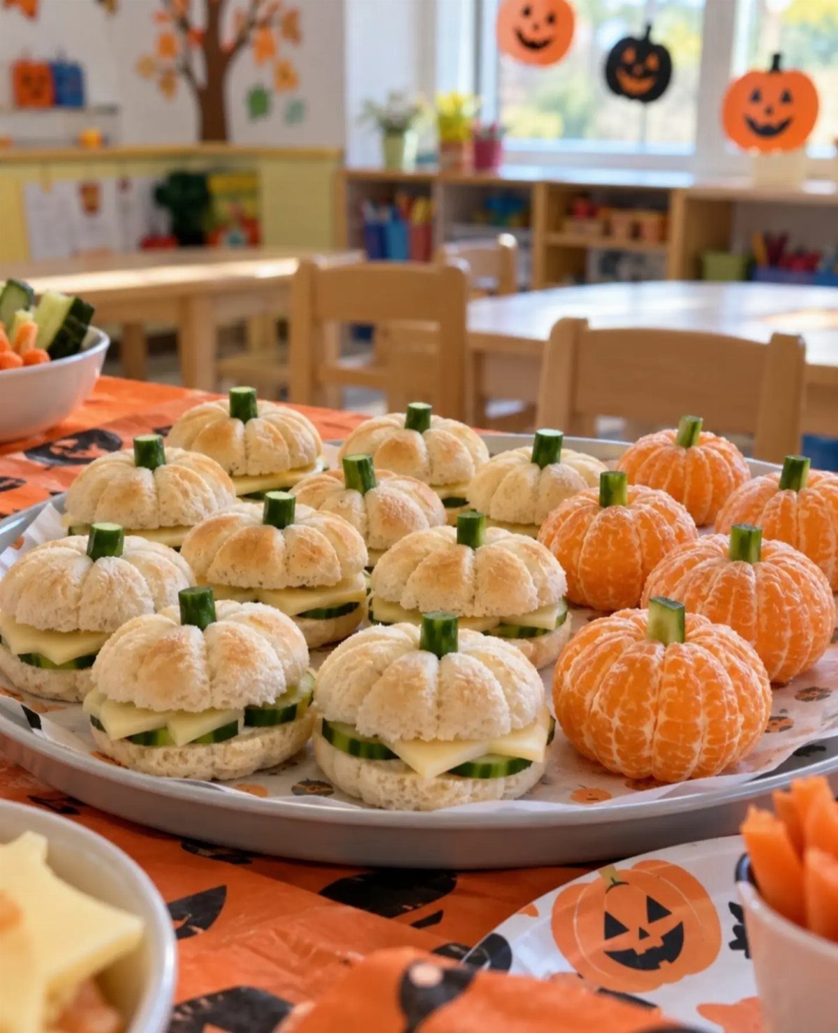 Pumpkin-shaped sandwiches and mandarin orange pumpkins on a platter in a classroom.
