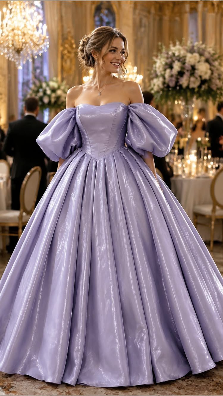 Woman in lavender ball gown with fitted bodice and puff sleeves in ballroom