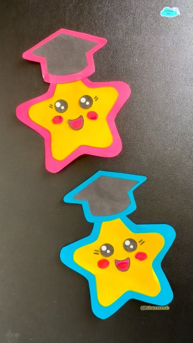 Yellow star characters wearing black graduation caps with pink and blue borders.