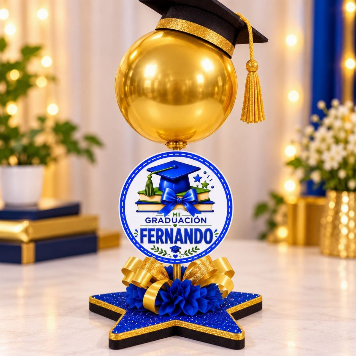 Gold balloon with graduation cap and personalized sign on a glittery star base
