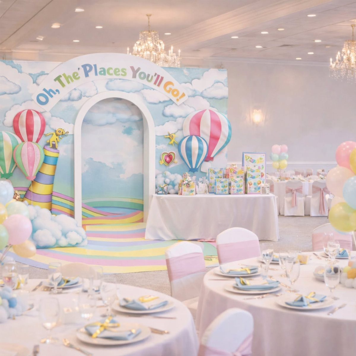 Colorful party room with hot air balloon backdrop and rainbow floor runner.