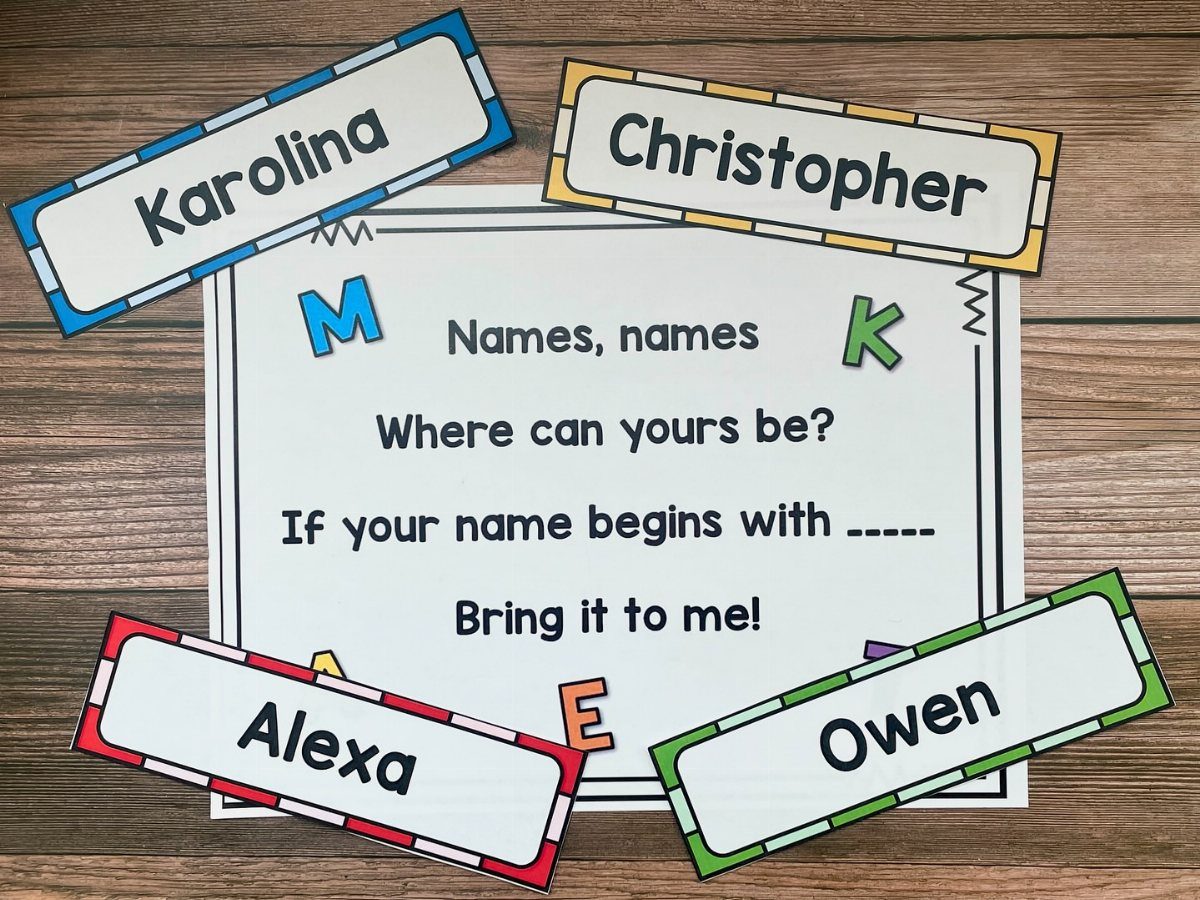 Name tags and a rhyming instruction sheet for a preschool name game.