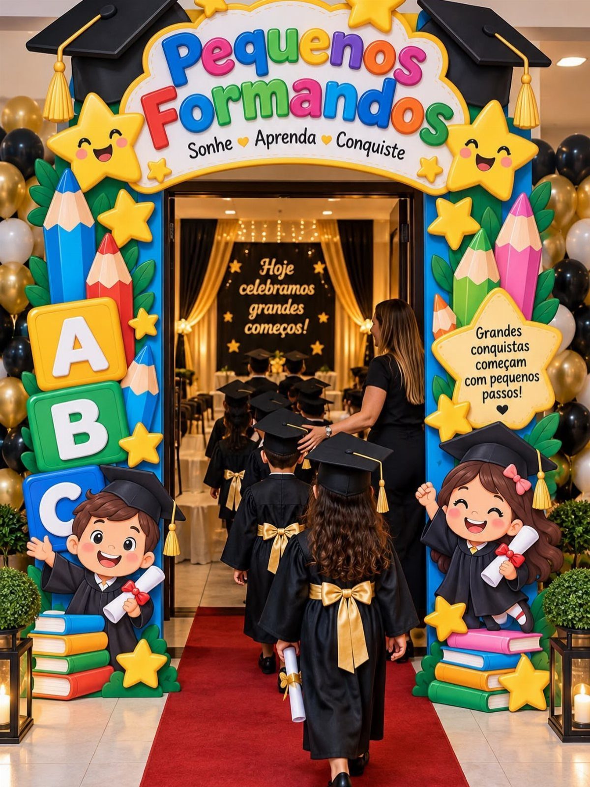 Children in graduation gowns walking through a colorful school-themed archway on red carpet.