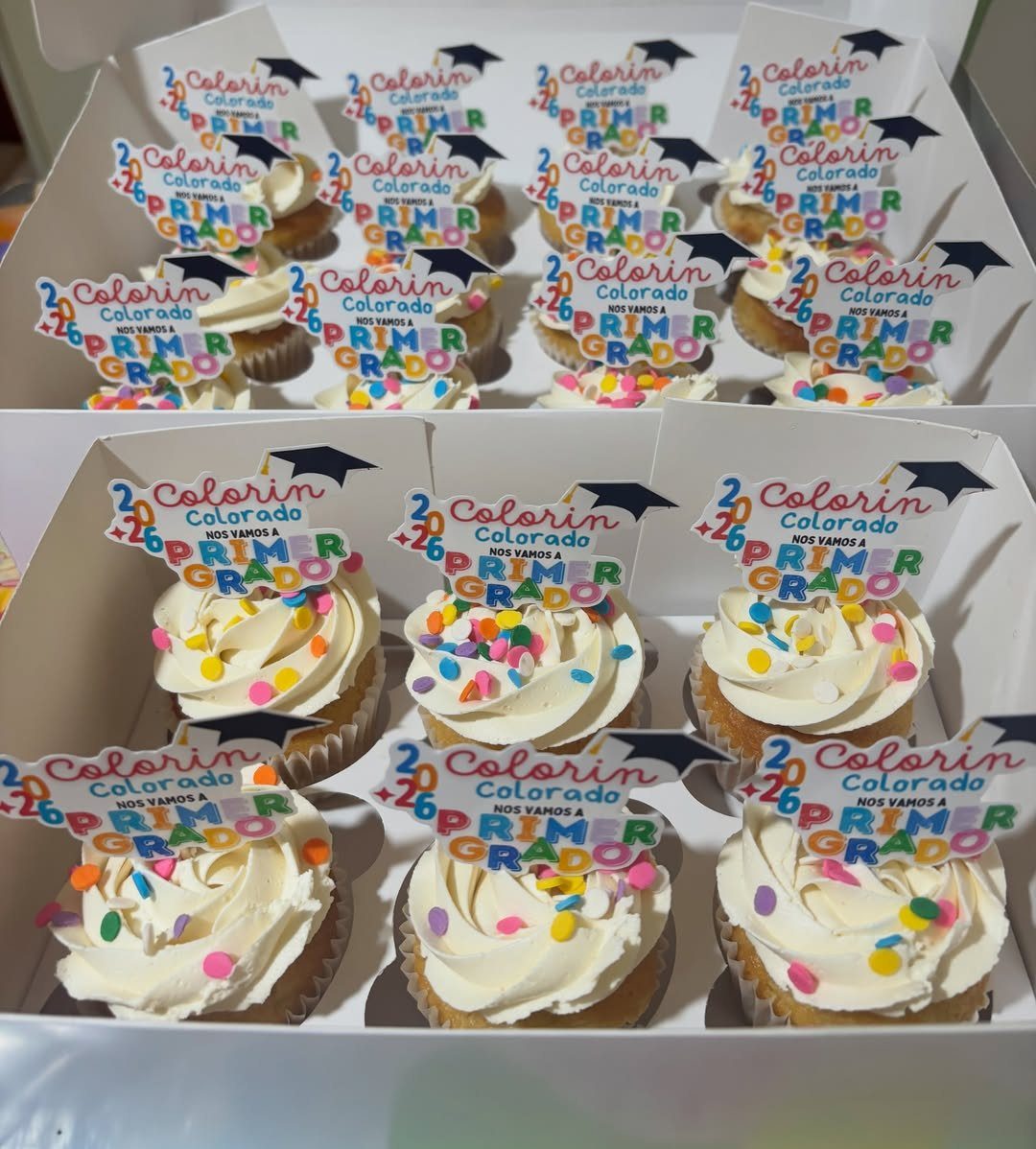 Graduation cupcakes with white frosting, colorful sprinkles, and celebratory paper toppers in boxes.