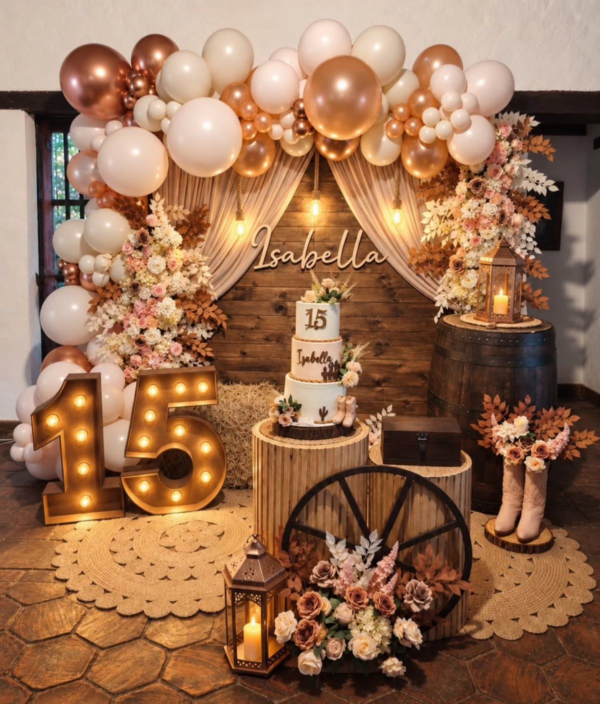 Birthday party setup with wooden backdrop, glowing number 15, and gold balloon arch.