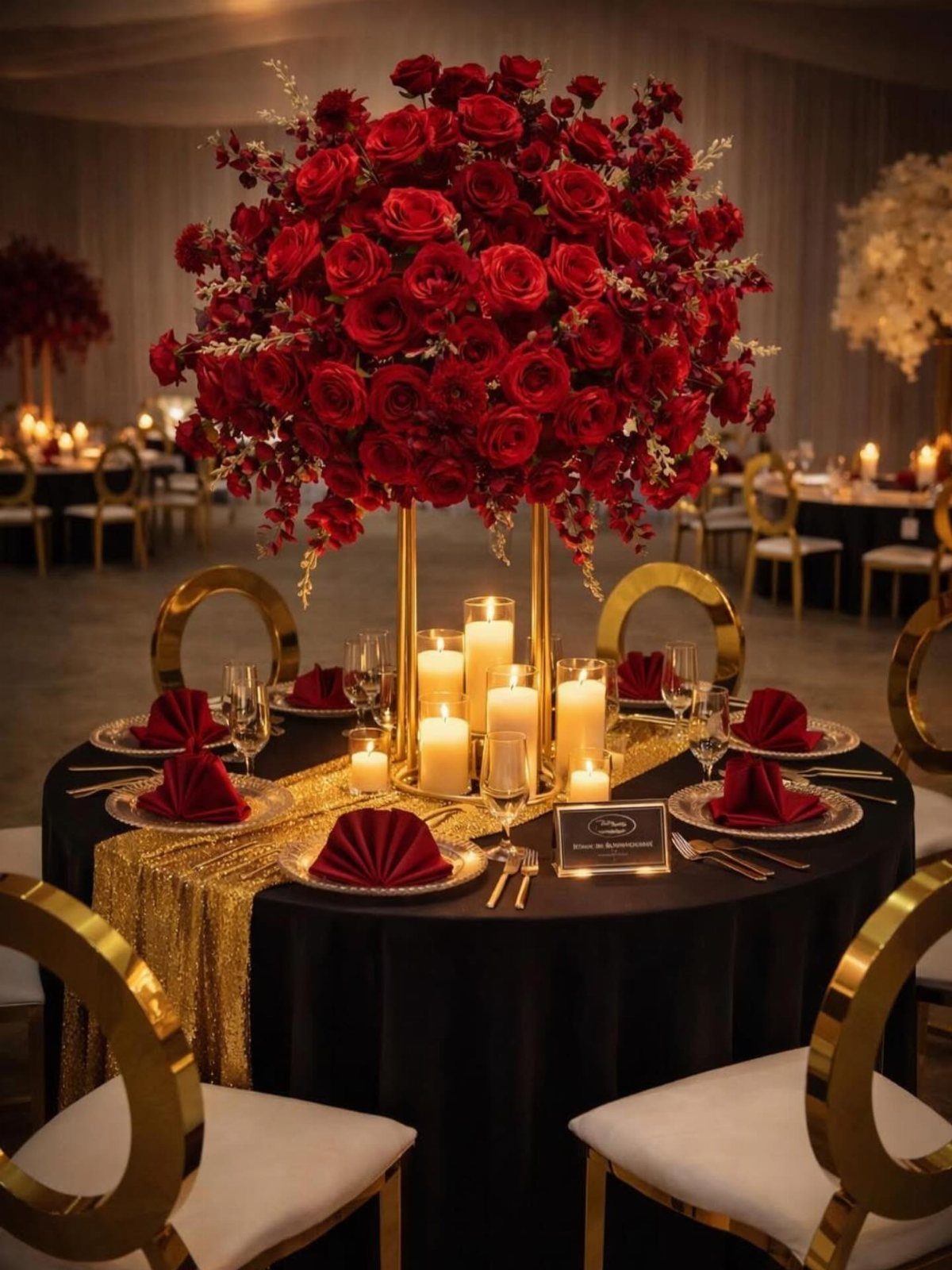 Round banquet table with red rose centerpiece, gold accents, and black tablecloth.