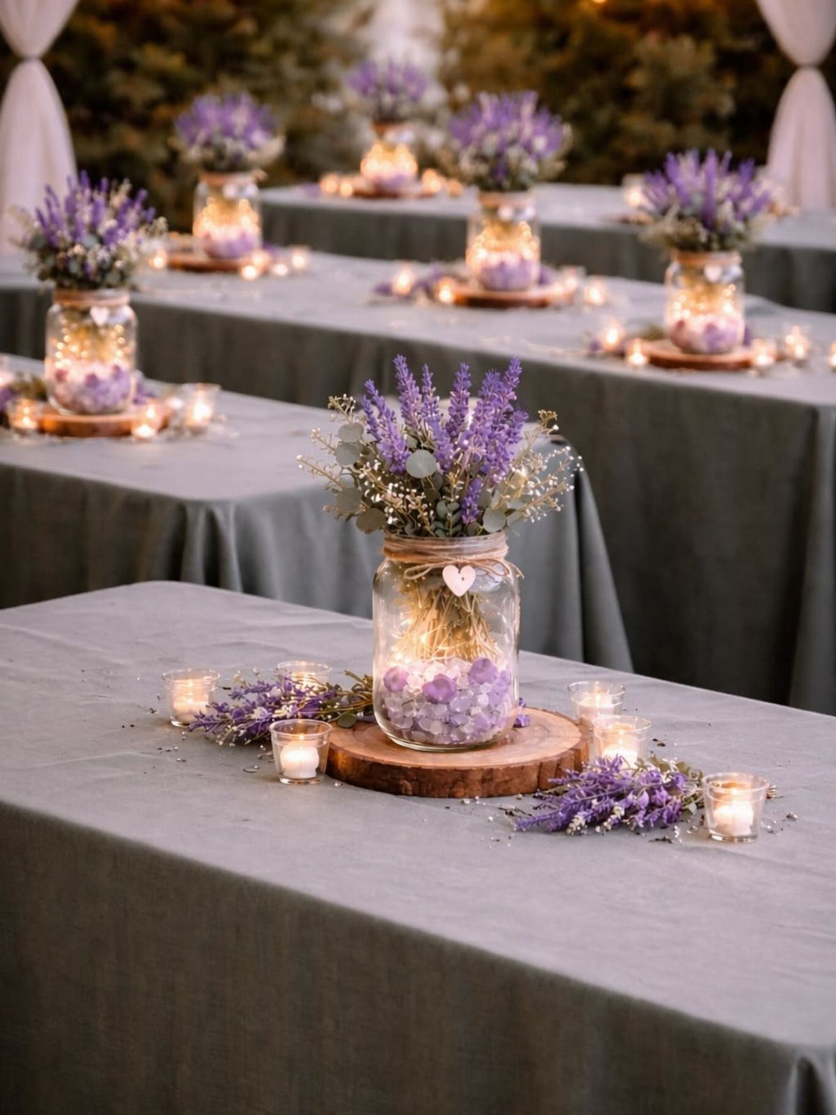 Purple flower centerpieces in glass jars on wooden slices with tea light candles.
