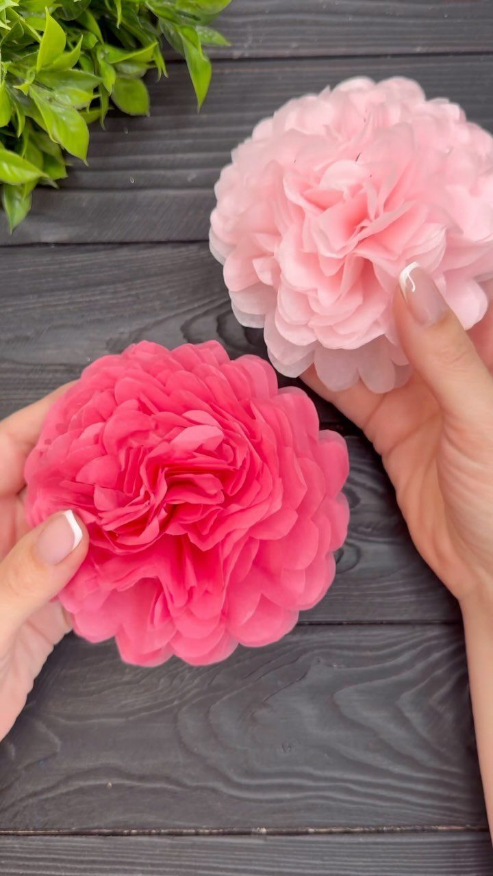 Two pink tissue paper flowers held by hands over a dark wood background.