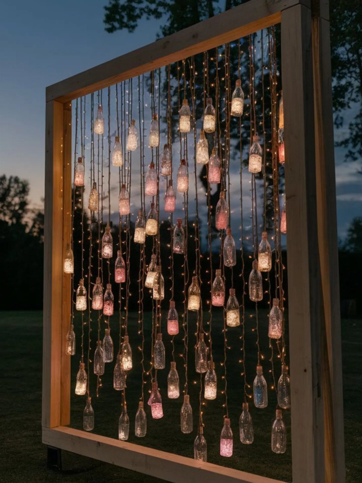 Wooden frame with hanging illuminated glass bottles and fairy lights at dusk.