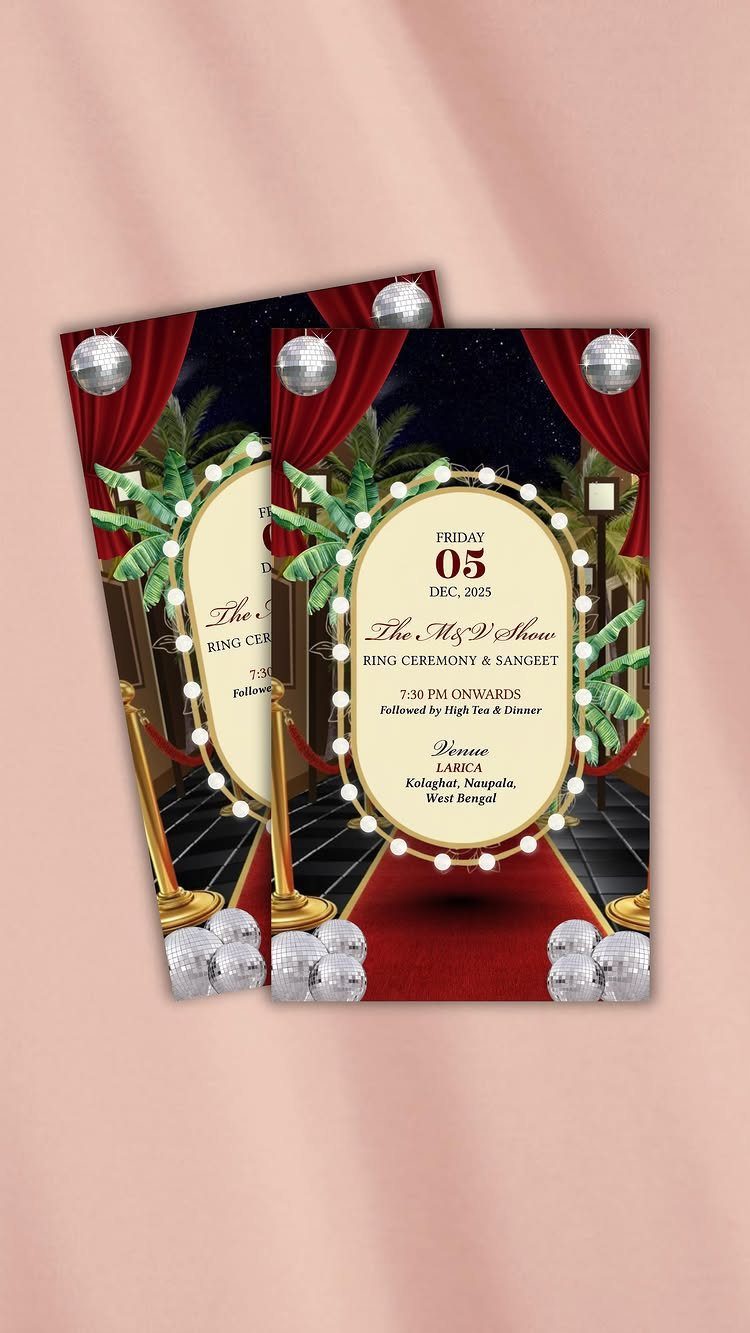 Two glamorous red carpet themed invitations with gold accents and disco balls.