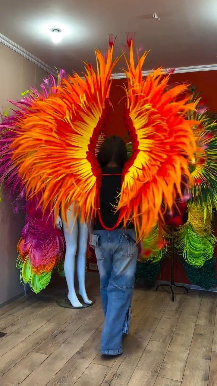 Large orange and yellow feathered wings worn by a person from behind.