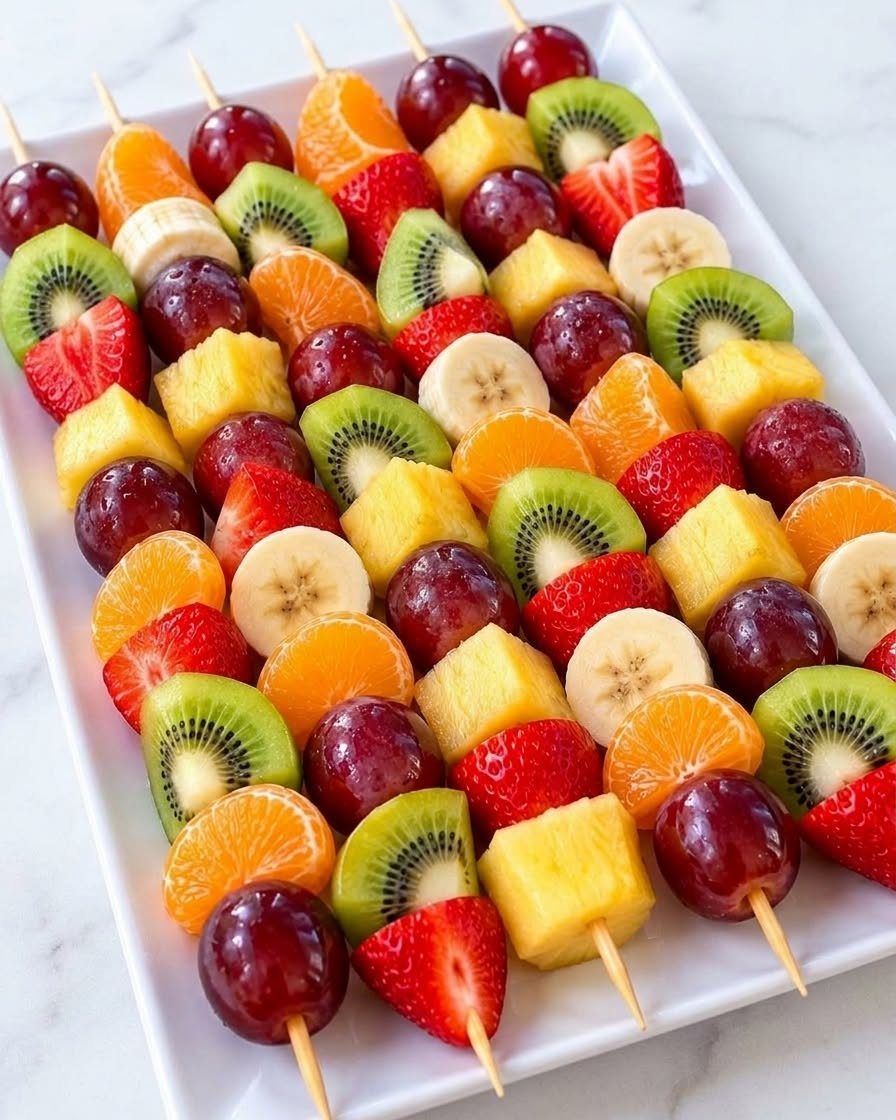 Fruit skewers with grapes, strawberries, kiwi, pineapple, banana, and orange on white platter