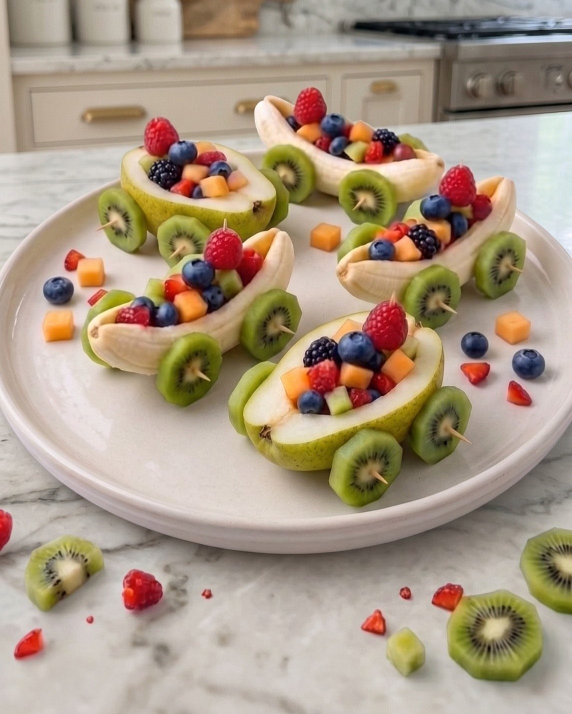 Fruit cars made from bananas and pears with kiwi wheels on a plate