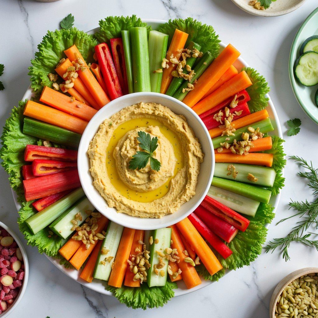 Hummus dip surrounded by colorful carrot, pepper, cucumber, and celery sticks on lettuce.