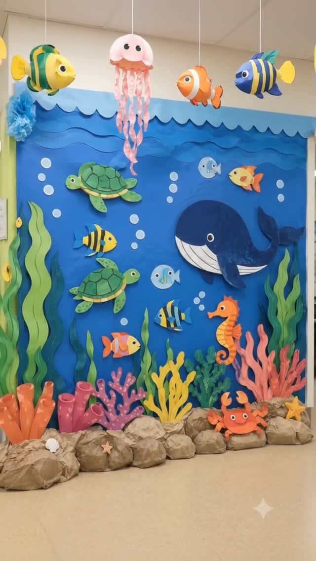 Underwater themed classroom wall display with colorful sea creatures and 3D hanging fish.